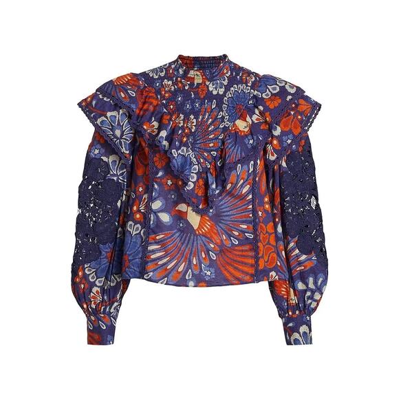 Farm Rio Pineapple Flowers Navy Ruffled Blouse Size XS - Picture 7 of 16